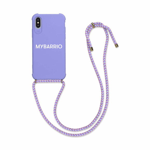 Funda Iphone silicona lila con cordón - logo MYBARRIO